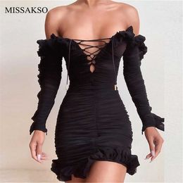 Missakso Sexy Black Bodycon Dress Lace Up Club Party Long Sleeve Spring Autumn Off Shoulder Mesh Sheer Women Ruffle Mini Dress 210625