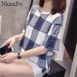 Plus Size Plaid Hole Top T Shirt Summer Casual Loose Short Sleeve Cotton Basic T-shirts Oversized Street Style Tshirts 210623