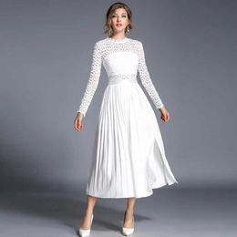 Fashion Runway High-End Custom Hollow Out White Lace Patchwork Chiffon Long Sleeve Dress Women Party Dresses 210529