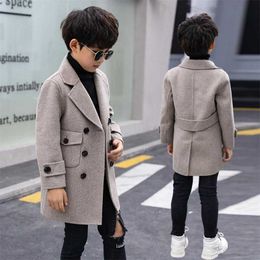 Fashion Winter Woollen Coat For 4-14 Boys Turn Collar Double Breasted Big Pockets Thick Plus Cotton Jacket High Quality 211011