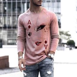 Men Round Neck Pullover Long Sleeve Bottoming Shirt Long-sleeve T-shirt Oversize Tee Top Playing Card Print Casual s 210629