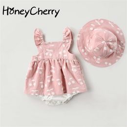 baby Bodysuits Summer Clothes Fashion cute cherry Prints kids clothing Bodysuits dress with hat Jumpsuits 210701
