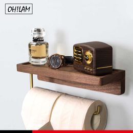 Wood Brass Toilet Paper Holder With Phone Shelf Storage Bathroom Tissue Roll Accessories 210709