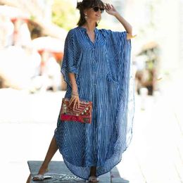 Causal Striped V-neck Button Front Open Summer Beach Dress Blue Cotton Tunic Women Plus Size Clothes Maxi Dresses N1097 210331