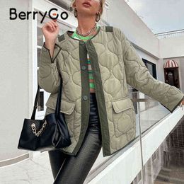 BerryGo Winter green short parka women Casual long sleeves collarless coats female Thick pocket warm jacket female tops 211221