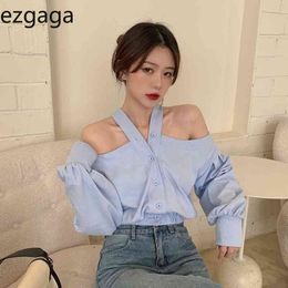 Ezgaga Elegant Puff Long Sleeve Women Blouse Korean Fashion Off Shoulder Halter Summer New Solid Button Loose Lady Shirts 210430