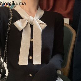 Nomikuma Korean Vintage Cardigan Women Bow Tie Collar Long Sleeve Knitwear Sueter Mujer Contrast Color Casual Sweater 3d362 210514