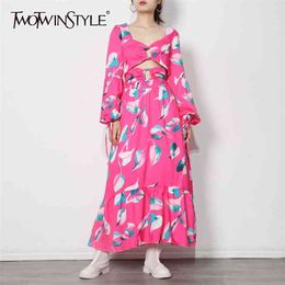 Elegant Print Suit For Women V Neck Long Sleeve Short Top Maxi Skirts Hit Color Sets Female Fashion Stylish 210520