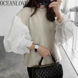 Autumn Hoodie Lantern Sleeve Korean Vintage Patchwork Fashion Sweatshirt Loose O Neck Hooides Women 18896 210415