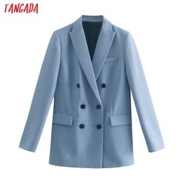 Tangada Women Fashion High Quality Blue Blazer Coat Vintage Double Breasted Long Sleeve Female Outerwear Chic Tops JE94 211006