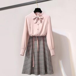 Spring Summer Women Sweet Two Piece Set Casual Pink Bow Collar Shirts Blouses Top and Lace-up Plaid Midi Skirt Suit Sets 210416