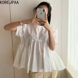 Korejpaa Women Shirt Summer Korean Chic Ladies Niche Versatile Round-Neck Back Hollowed-Out Wide Loose Puff Sleeve Blouses 210526
