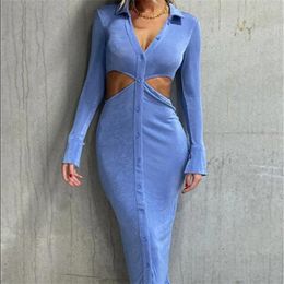 Casual Dresses Women Sexy Hollow Out Shirt Dress Fashion Solid Colour Turn-down Collar Long Sleeve For Autumn S/ M/ L/ XL