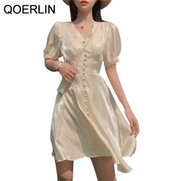 Satin Women Dress Summer Elegant Short Mini Ladies V Neck Sleeve Single-Breasted High Waist Slim S-XL 210601