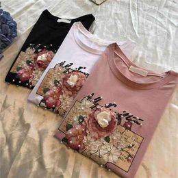 Summer Women's T-shirt Short Sleeve Cotton Floral Print Female T-shirts Pearl Appliques 3D Beading O Neck Casual Elegant 210330