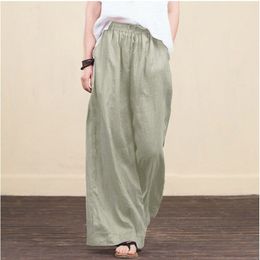 Women Spring Summer Solid Cotton Linen Wide Leg Pants Casual High Waist Palazzo Loose Pocket Trouser Long Pantalon Plus Size 5XL 210925