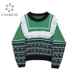 Vintage Pullover Sweater Women Autumn Winter Korean Peter Pan Collar Long Sleeve Casual Knitted Ugly Sweater Female Tops 210417