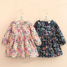 Autumn Spring 2-10 Years Gift Clothing Sweet Cute Long Sleeve O-neck Full Print Princess School Baby Kids Girl Floral Dress 210529