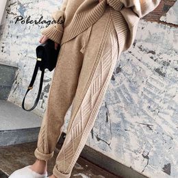 Streetwear Autumn Thick pant women trousers winter high waist loose drawstring elastic twist radish wool pants 210420