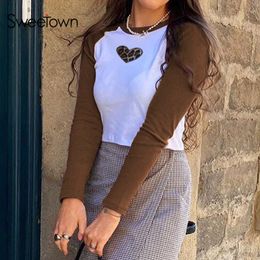 Sweetown Patchwork Cute Crop Tops Long Sleeve Woman Tshirts Casual Slim Basic Streetwear Top Tees Y2K Aesthetic Kawaii Clothes Y0508