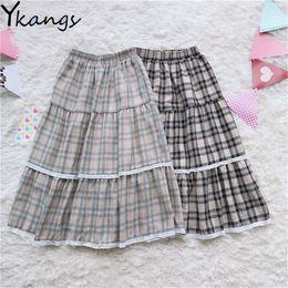 Japanese Sweet Girls Pleated Plaid Skirt Vintage Female Student High Waist Simple A-Line Skirt Women Lace Cake Skirt Streetwear 210619