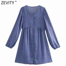 Women Sweet V Neck Floral Print Breasted A Line Mini Dress Prairie Chic Spring Female Long Sleeve Vestido DS4959 210420