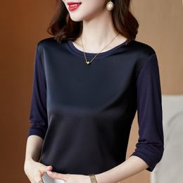 Designs Summer Korean Fashion Silk T-shirts for Women Vintage Satin Tops for Women Long Sleeves Loose Office Lady Shirts xxxl