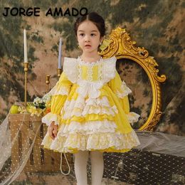 Spring Kids Girl Dress Lace Patchwork Yellow Puff Sleeves Princess Dresses Wedding Piano Perform Party Clothes E1001 210610