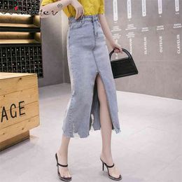 Summer Skirt Denim Jeans Big Slit Mid-calf Long Holes High Waist With Stretchy moda mujer falda B02912B 210421