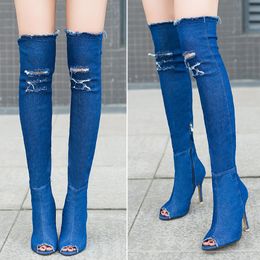 Women Boots 2022 Fashion Autumn New Casual Over Knee Boots 8 Cm Stretch Cowboy Hollow Women Shoes Comfortable Sexy High Heels