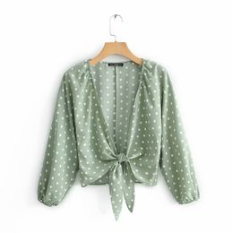 women fashion polka dot print knotted short blouse female lantern sleeve casual shirt chemise summer blusas tops LS3746 210420