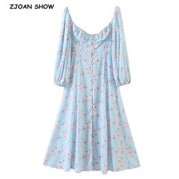 Retro Skyblue Floral Print Voilet Midi Dress Women V neck Bandage Lantern Long Sleeve Button Slit Off Shoulder Dresses 210429