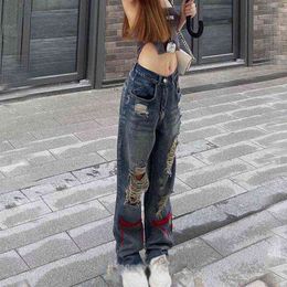 Vintage Ripped Jeans Denim Hippie Pants Hip Hop Do Old Straight Leg Women Low Waist Grunge Hole Streetwear y2k 211129