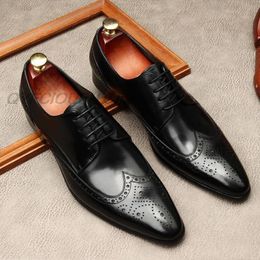 Luxury Genuine Leather Men Oxford Dress Shoes Lace Up Pointed Toe Black Formal Shoes For Men Party Wedding Suit Footwear