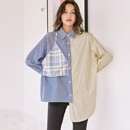 Autumn Long Sleeve Stitching Irregular Shirt Korean Women Contrast Colour Design Striped Large Size Blouse 16Q529B 210510