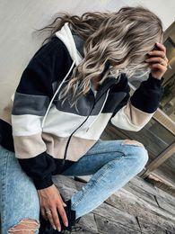 Color Block Drop Shoulder Drawstring Hooded Fleece Jacket E2Xn#