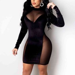 Women Bodycon Sexy Dress Patchwrok See Through Mesh Package Hip Clubwear Night Out Evening Tight Long Sleeves Vestidos 210416