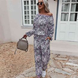 Fashion summer printed casual stayhome style pants sweat suit O-Neck leopard two piece set women sets womens clothes 210508