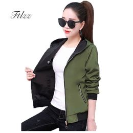 Plus Size Short Jacket Women Slim Hooded Long Sleeved Zipper Green Coats Female Fashion Two-sided Spring Autumn Outerwear 210922