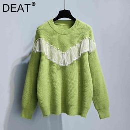DEAT Women Sweater Round Collar Full Sleeve Lace Patchwork Pearls Simple Casual Style Warm Tops 2021 Autumn Fashion 15AK666 Y1110
