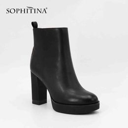 SOPHITINA Platform Boots High Quality Round Toe Thick Heels Woman Shoes Genuine Leather Zipper Warm Short Plush Winter Boot SC62 210513