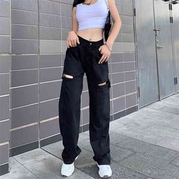 Streetwear Solid Hollow Out High Waist Jeans Women Straight Trousers Pockets Fashion Full-length Denim Pants Capris 210510