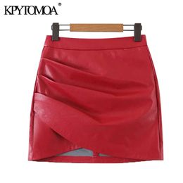 KPYTOMOA Women Chic Fashion Faux Leather Pleated Asymmetrical Mini Skirt Vintage High Waist Back Zipper Female Skirts Mujer 210629