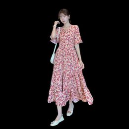 Women's Summer Printed Chiffon Long Skirt V-Neck Lotus Leaf Sleeve Dress Female High Waist Slim 210514