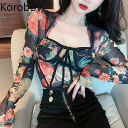 Korobov High Street Sexy Tops Women Flower Pattern Square Collar Long Sleeve Short T Shirt Female Casual Vintage Tshirts New 210430