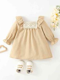 Baby Guipure Lace Panel Ruffle Trim Flounce Sleeve Dress SHE
