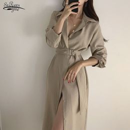 Spring Autumn Shirts Dress for Women Clothing Vintage Solid Colour Button Plus Size Female Long Derss with Belt 13889 210508