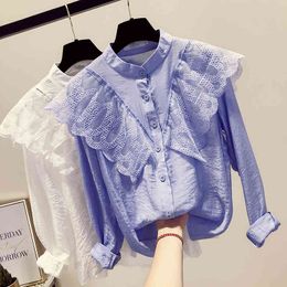 Fashion Womens and Chiffon Women Lace Ruffles Patchwork Blouses Long Sleeve White Blue Shirts Ladies Tops 210416