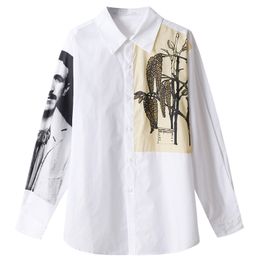 White Black Character Tree Print Turn Down Collar Button Long Sleeve Chic Loose Shirt B0579 210514