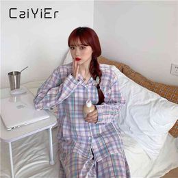 CAIIER Girls Purple Checked Pyjamas Set Sleepwear For Women Long Sleeve Trousers Loose Korean Version Homewear Suit 210809